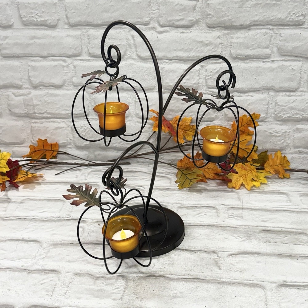 Vtg Rustic Metal Hanging Pumpkin Candle Holder Fall Centerpiece Tea Light Votive